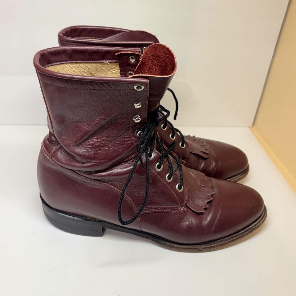Justin Mens 11 D Vintage Oxblood Burgundy Leather Lace Up Kiltie Cowboy Boots